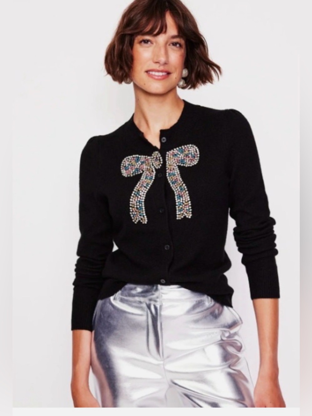 Boden Black Cardigan with Rhinestoned Multicolor Bow
